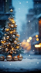 Christmas tree festive city background with golden bokeh with space for text