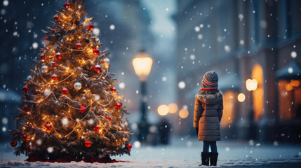 A little girl stands on the square and looks at a beautiful Christmas tree with space for text