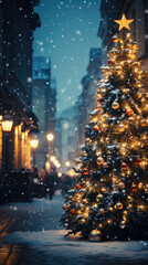 Christmas tree festive city background with golden bokeh with space for text