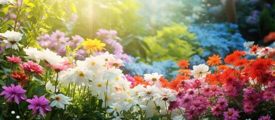 Fototapeta na wymiar beautiful summer garden surrounded by lush green plants and colorful flowers a white floral background sets the stage for the natural beauty of the blooming petals