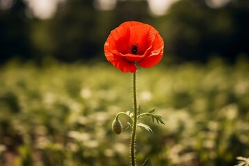 Red poppy isolated in the field, A single vibrant poppy bloom in a field, celebrating the uniqueness and resilience of nature's creations