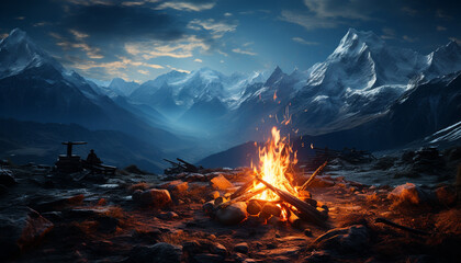 Mountain peak, flame, sunset, campfire, hiking, nature, adventure generated by AI