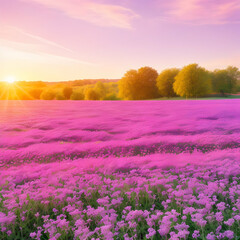 spring landscape, field of purple flowers at sunset
