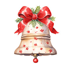 Holiday bell with red bow: watercolor illustration in Christmas style, ideal for decorating holiday cards and interiors,
advent calendar
