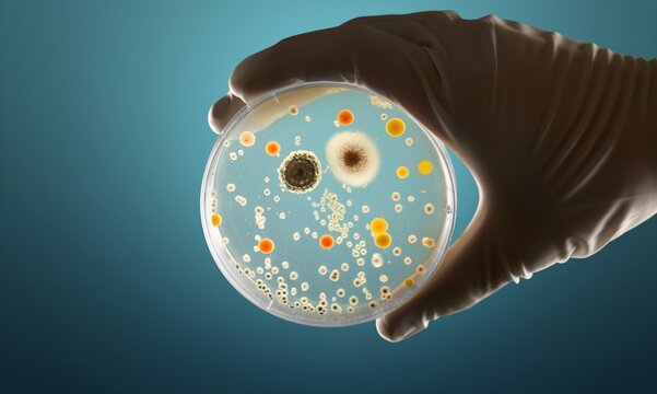 colonies of microorganisms in a Petri dish in hand
