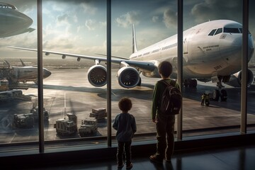 Two kids boys watch through the airport window for standing plane