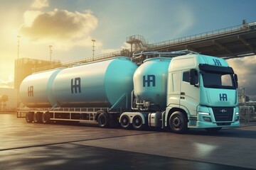 Cutting-edge hydrogen plant providing hydrogen to factory for eco-friendly energy production. Tanker trucks labeled with H2 logo. Generative AI