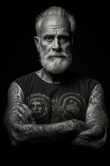 tattooed man of character in front of black background