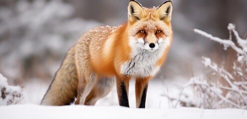 Alert Red fox in snow, a red fox with bushy tail and alert expression of Vulpes Linn, fox standing in a patch of white snow, 