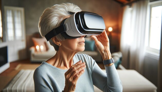 Senior woman with short hair, engaged and excited, using a virtual reality headset in a home setting, embracing new technology.
