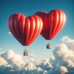 Fototapeta premium in the clear sky two red heart-shaped balloons