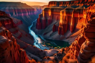 The vibrant colors of a canyon at sunrise, as the first light transforms the landscape into a work of art