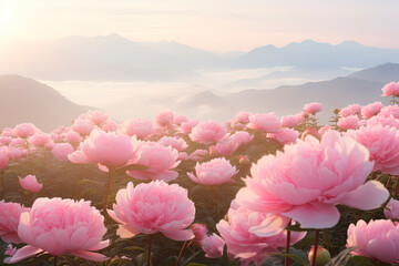 Endless fields of pale pink peony flowers in fog. Generative AI