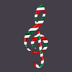 Christmas music treble clef, festive musical key, isolated vector illustration.