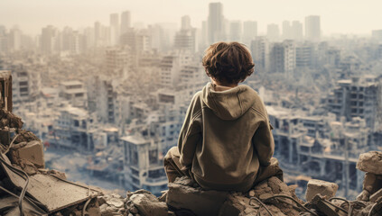 Fototapeta na wymiar a young boy looking out over a destroyed city in ruins