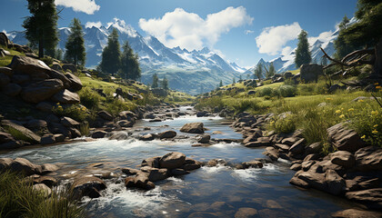 Majestic mountain peak reflects in tranquil flowing water generated by AI