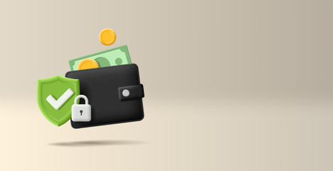 3D wallet with cash, a lock, and a shield with a check mark. The concept of protection and security of personal savings, a reliable banking system. Web banner.