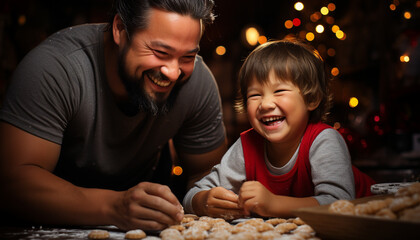 Father and son baking cookies, joyful bonding generated by AI