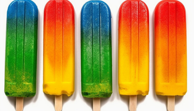 Rainbow colored lollipop stick with flavored ice and candy stripes generated by AI