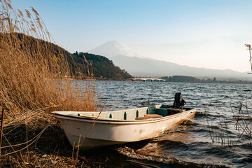 Majestic Mount Fuji View from the Lakeside, Boat Anchored Among Reeds