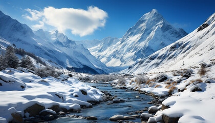 Obraz premium Snow capped mountains create a majestic winter landscape generated by AI