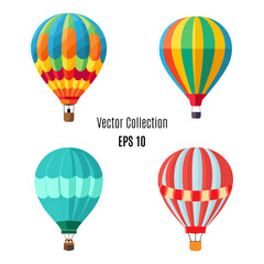 Vector hot air balloons flat illustration set collection. cartoon colorful balloons with baskets isolated vector illustration