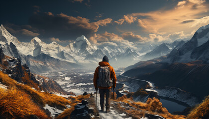 One person hiking mountain peak, enjoying the beauty in nature generated by AI - obrazy, fototapety, plakaty