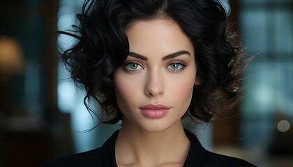 Naklejka premium Beautiful woman with brown hair looking at camera generated by AI