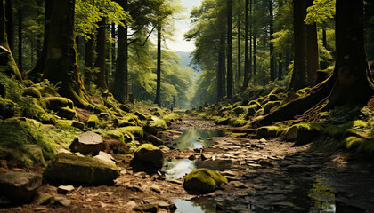Tranquil scene of a forest with flowing water generated by AI