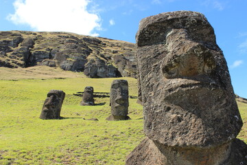 Close up of a Moai Statue On Rano Raraku Volcano, Easter Island