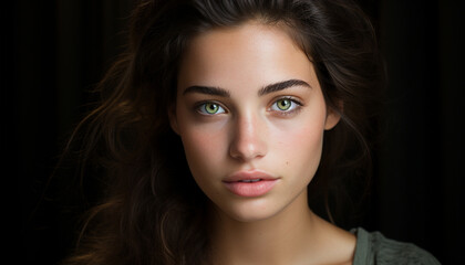 Fototapeta premium Beautiful young woman with brown hair staring confidently generated by AI