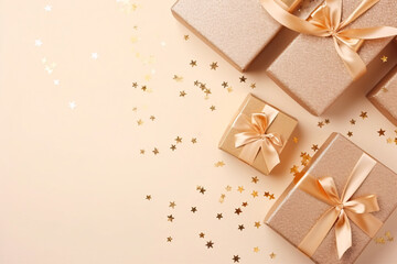Obraz na płótnie Canvas golden gift box with ribbon, top view