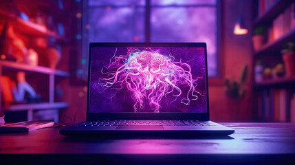Neurons on a laptop screen in a purple neon room. The concept of artificial intelligence development.