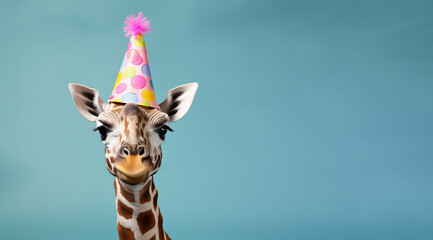Funny giraffe in a birthday paper cone cap. - obrazy, fototapety, plakaty