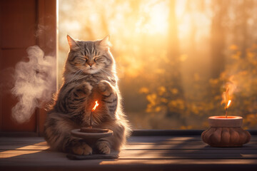 Zen cat meditating with the incense burning. Peaceful mood concept. Calm your mind.