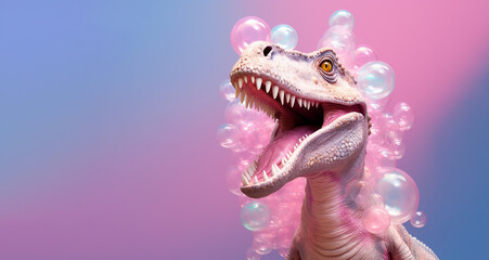 Pink and purple dinosaur. Bubble gum mood reptile. 