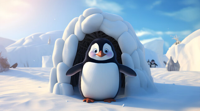 Cartoon penguin near the igloo 