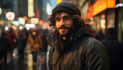Young adult man walking in the city at night generated by AI