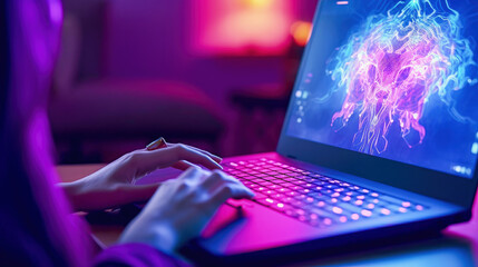 Human hands typing on a laptop with artificial intelligence. The concept of artificial intelligence development.