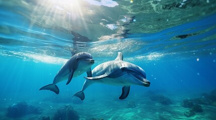 clip of dolphins swimming in the ocean under the water