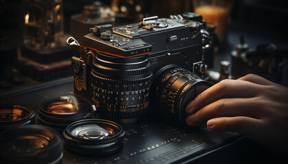 Photographer holding old SLR camera, capturing close up photography themes generated by AI - obrazy, fototapety, plakaty