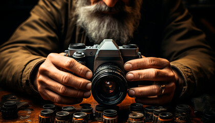 A bearded man holds an old camera, capturing creative portraits generated by AI - obrazy, fototapety, plakaty