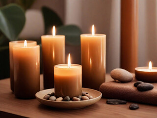 Fototapeta na wymiar Sensitive focus scented candles on table in spa room Beautiful composition with warm brown tones.