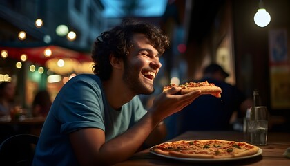 Young man eating a slice of pizza outside a pizzeria