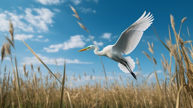 Flying among the reeds against a blue sky is a white great egret.