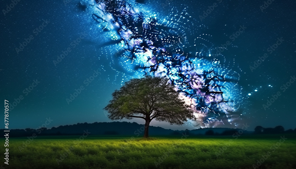 Wall mural Glowing star trail illuminates dark forest in vibrant summer night generated by AI