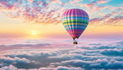 Naklejka premium Multi colored hot air balloon soars high in purple mountain sky generated by AI