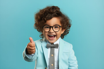Boy with glasses and wearing in a jacket standing over isolated blue background doing happy thumbs up gesture with hand.
