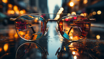 Fashionable sunglasses reflect the city nightlife, illuminating the dark cityscape generated by AI
