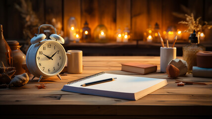 Naklejka premium vintage alarm clock and stack of books on the table